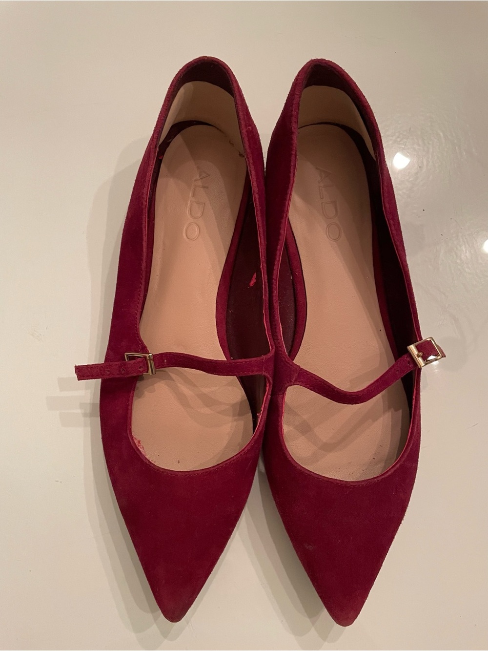 ALDO Burgundy Suede Pointed Mary Jane Flats with Gold Buckle